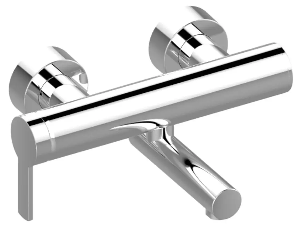 Mischer von Keuco in Aluminium-Finish mit zwei Bedienknöpfen und einem Griff. Auslauf in horizontaler Position, geeignet für die Montage an Wand.